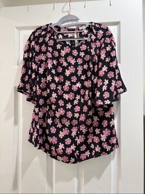 Rebecca Taylor 100% Silk Floral Flutter Sleeve Top in Black and Pink Size 12